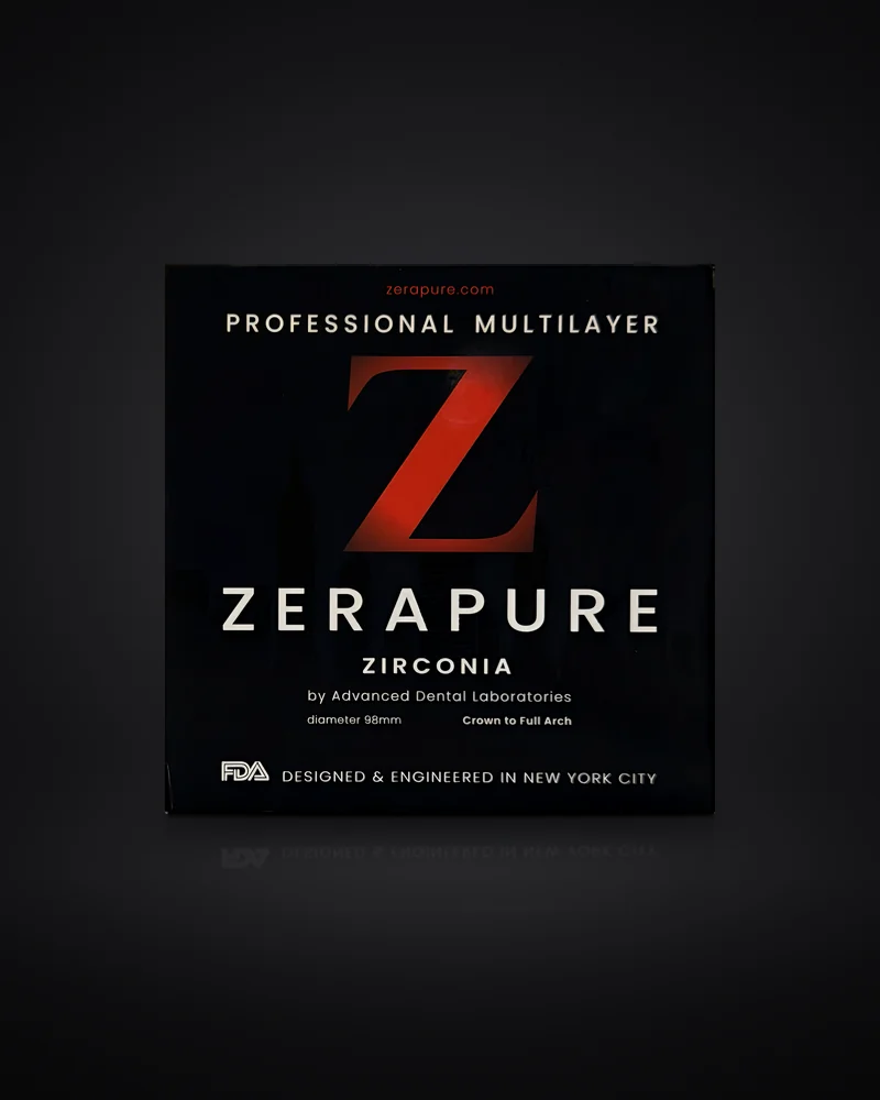 Zerapure zirconia box photographed in a dark studio